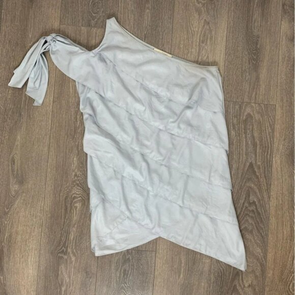 BCBG Women's Mini Dress Tiered Layered Ruffle One Shoulder Tie Sleeve Pale blue - Picture 3 of 16